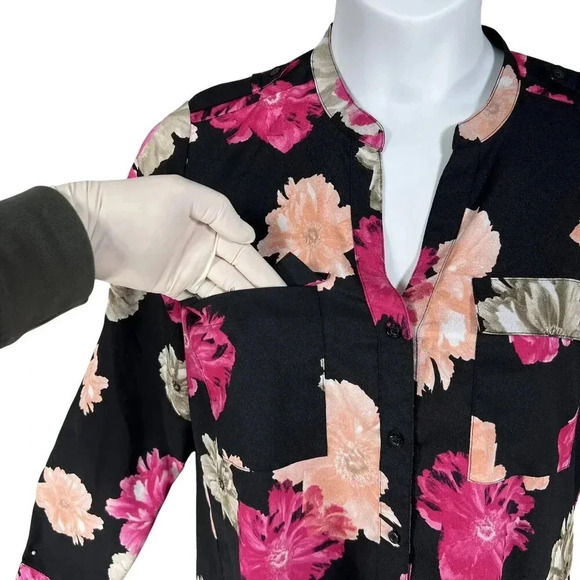 Calvin Klein Women L Black Pink Floral Button-Up Blouse Long Roll Tab Sleeve Top - Picture 4 of 16